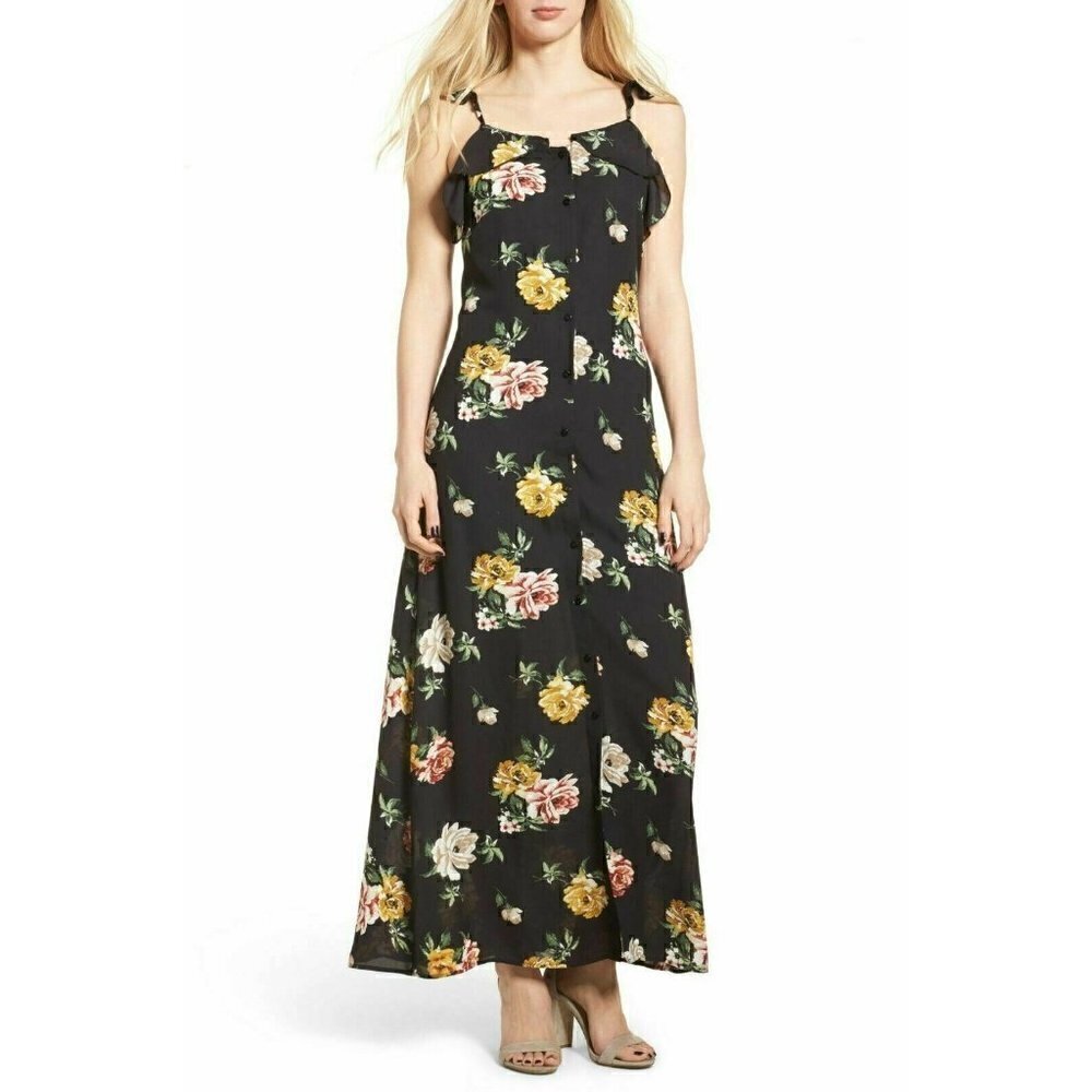 BP. Women Black Floral Ruffle Strappy Maxi Dress L